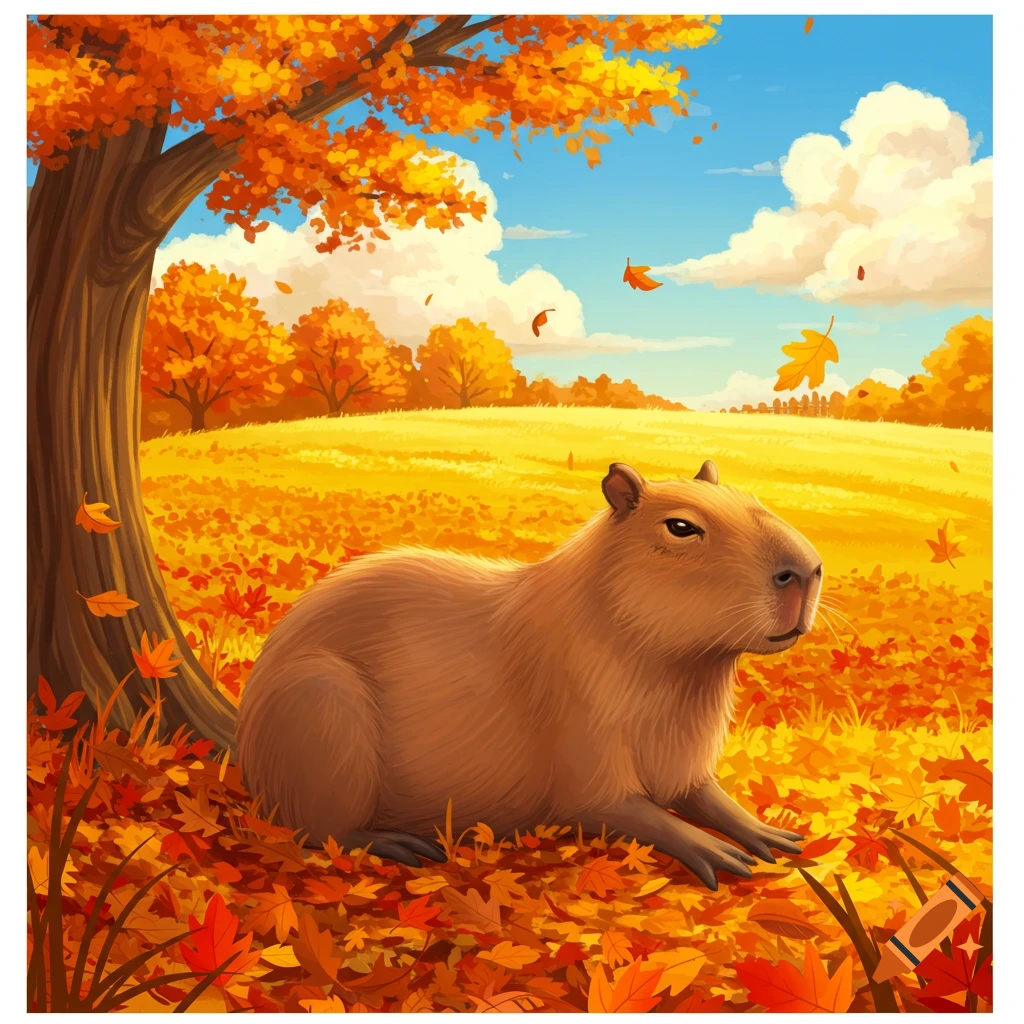 A capybara sits among fallen autumn leaves under a tree.