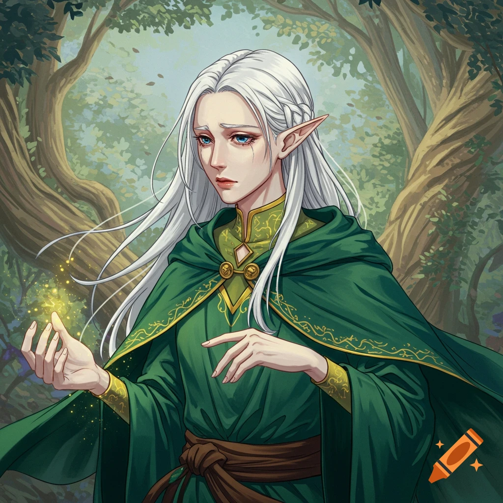 A white-haired elf in a green cloak standing in a forest, holding a glowing light in her hand.