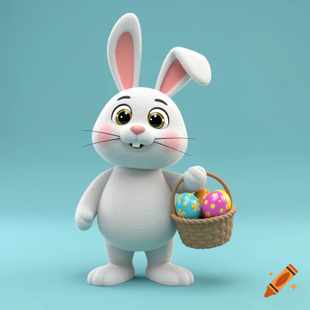 A 3D cartoon Easter bunny holds a basket of colorful eggs on a blue background.
