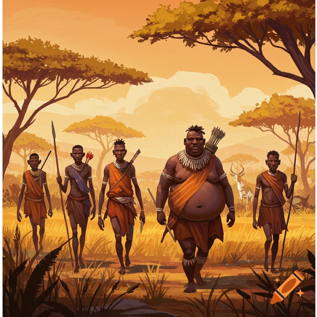 Five men in traditional clothes walking through tall grass in an African savanna, carrying spears and bows.