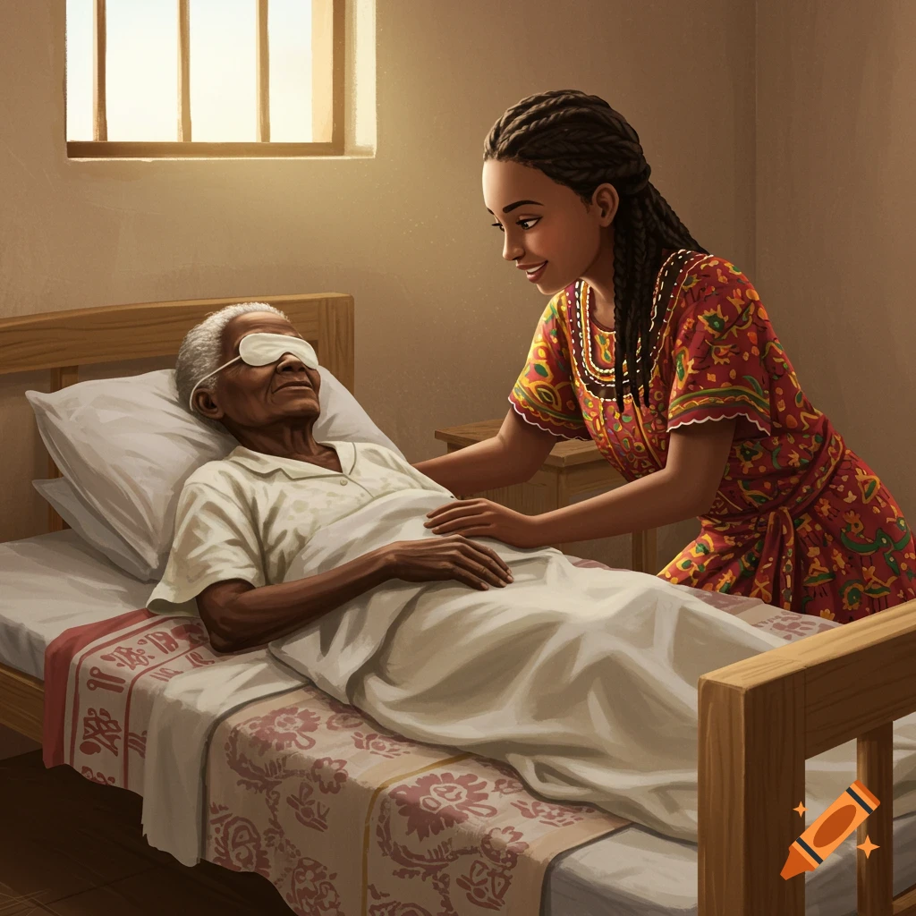 A young woman tends to an elderly person wearing a blindfold in bed.