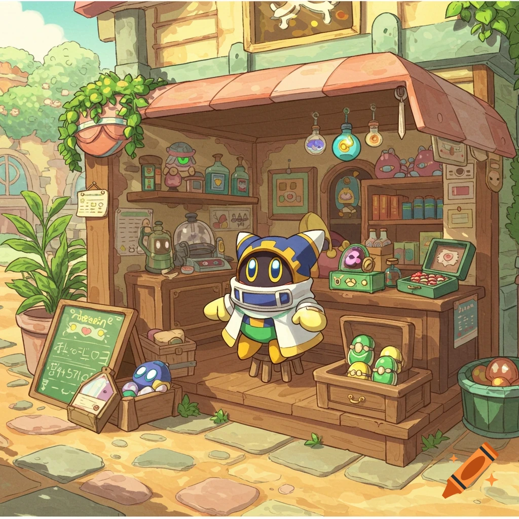 Illustration of Magolor from Kirby sitting at a charming outdoor shop in a village.