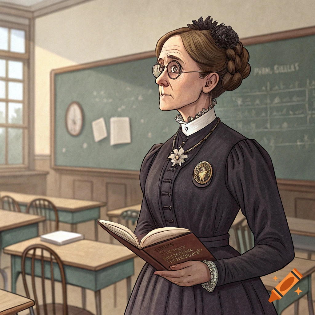 Illustration of a woman dressed as a teacher in an old classroom, holding a book.