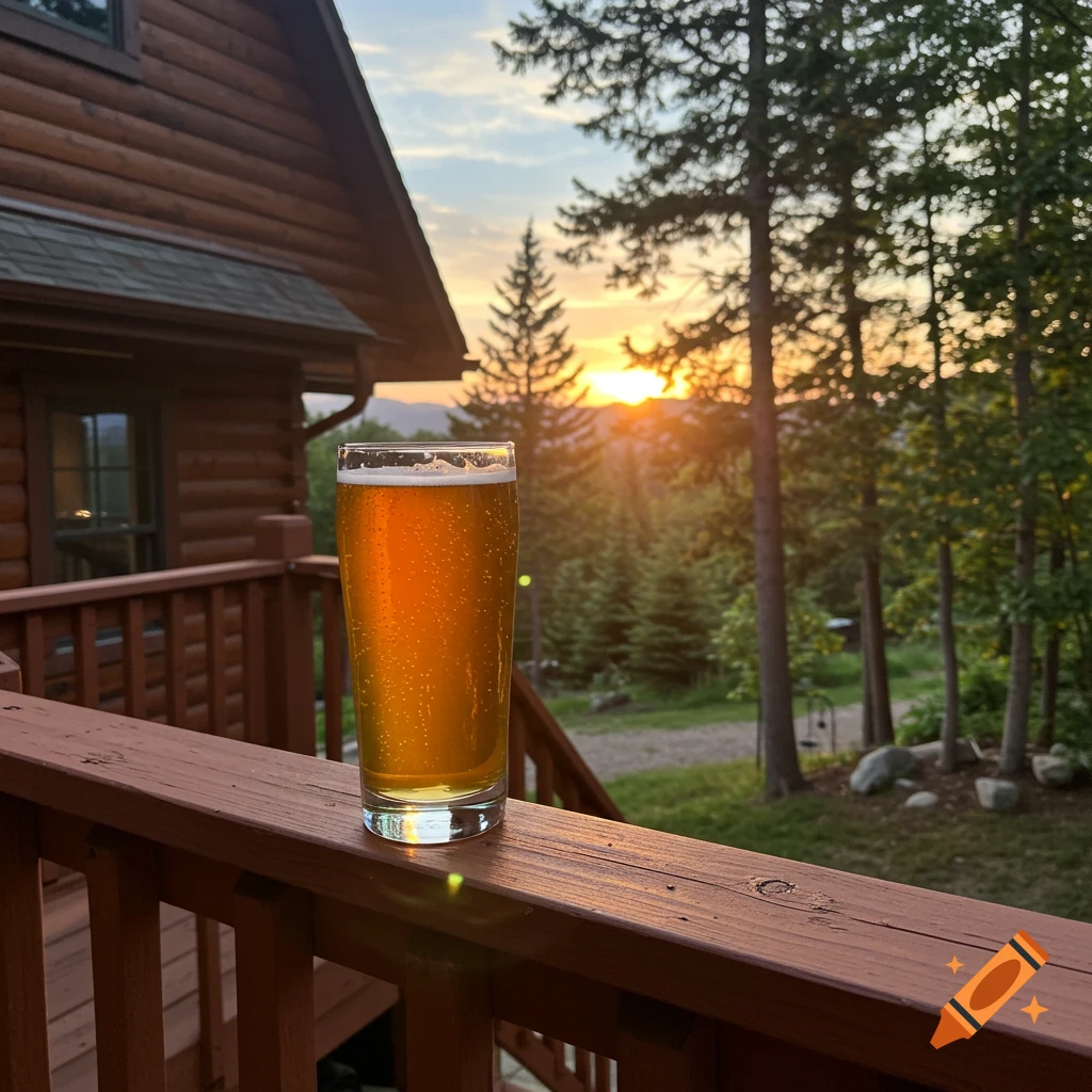 Glass of beer on a cabin deck railing at sunset with a forest view.