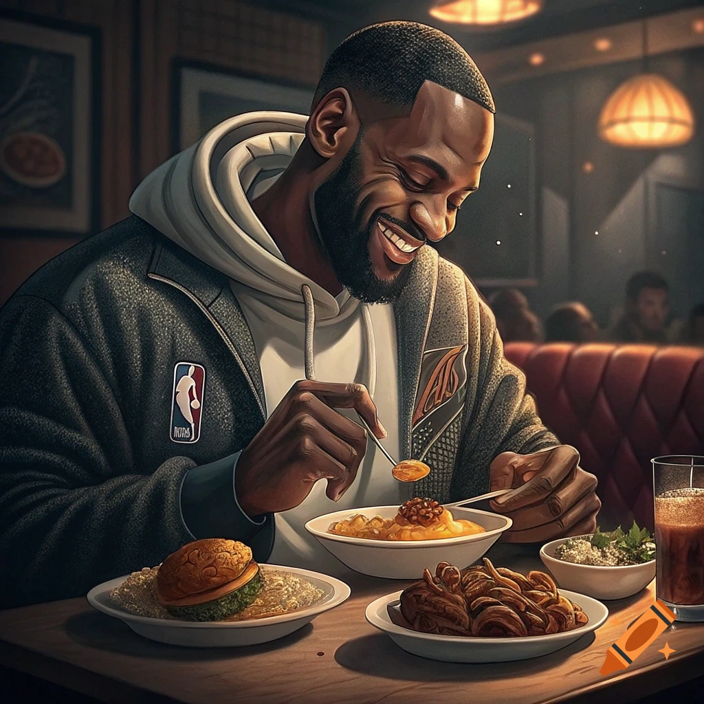Lebron James smiles while eating a meal at a restaurant table, wearing a hoodie and jacket.