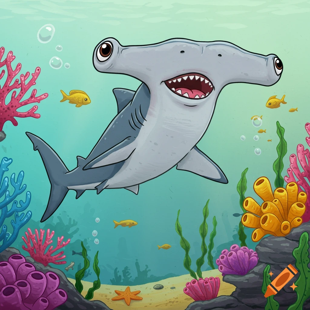 Cartoon illustration of a hammerhead shark swimming in an underwater coral reef with fish.