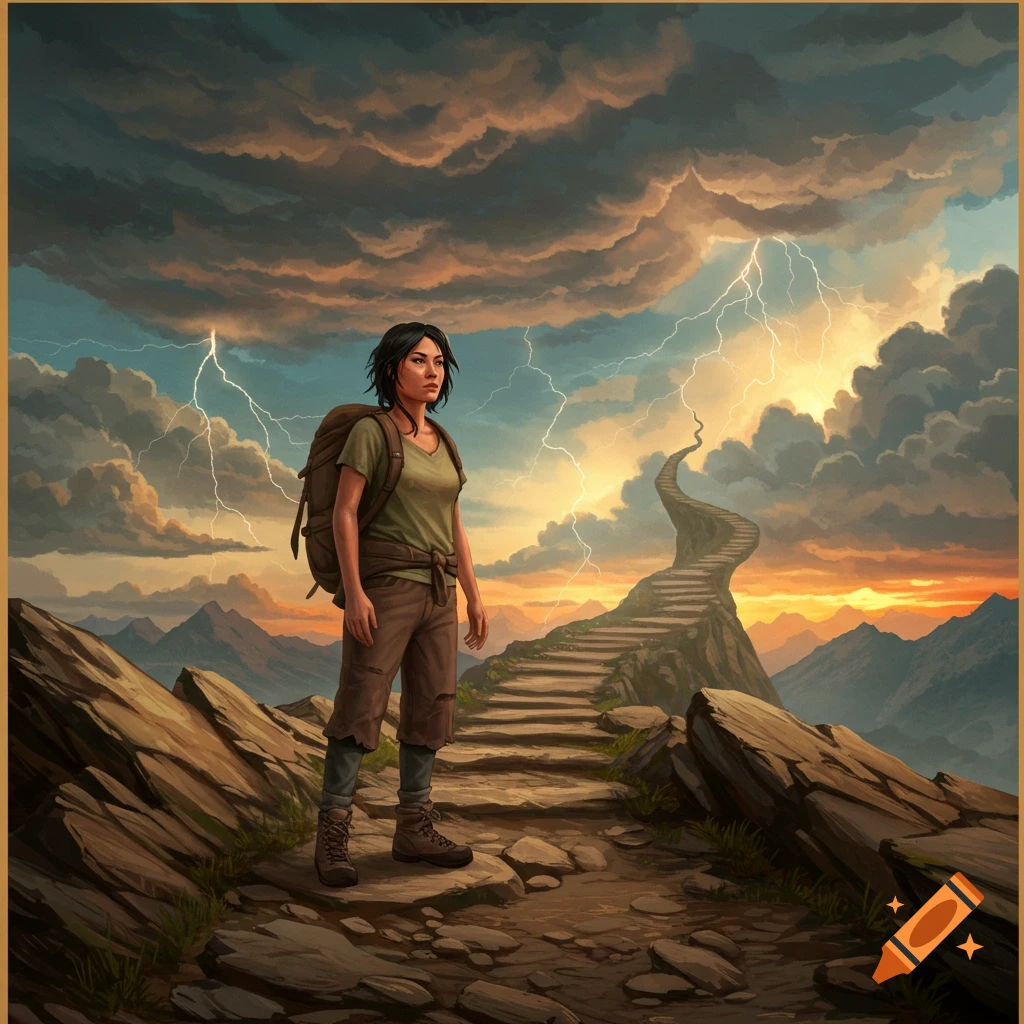 A person with a backpack stands on a mountain path looking at stormy clouds with lightning and a winding staircase leading up.
