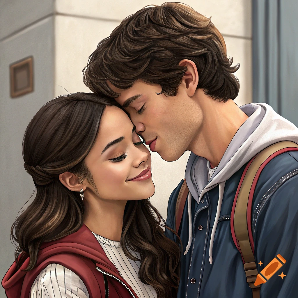 Close-up illustration of a young couple embracing, touching foreheads.