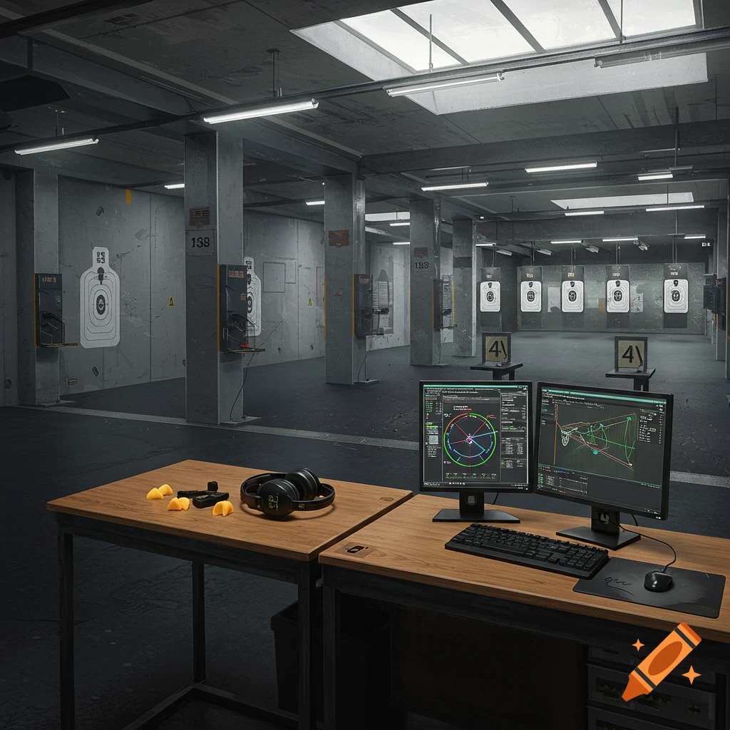 An indoor shooting range with targets, desks, computers showing data, headphones, and earplugs.