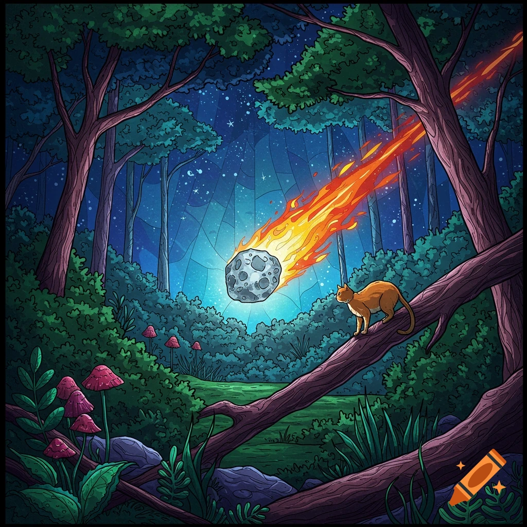A cat watches a flaming meteor fall in a stylized forest at night.  A stained glass effect is present.