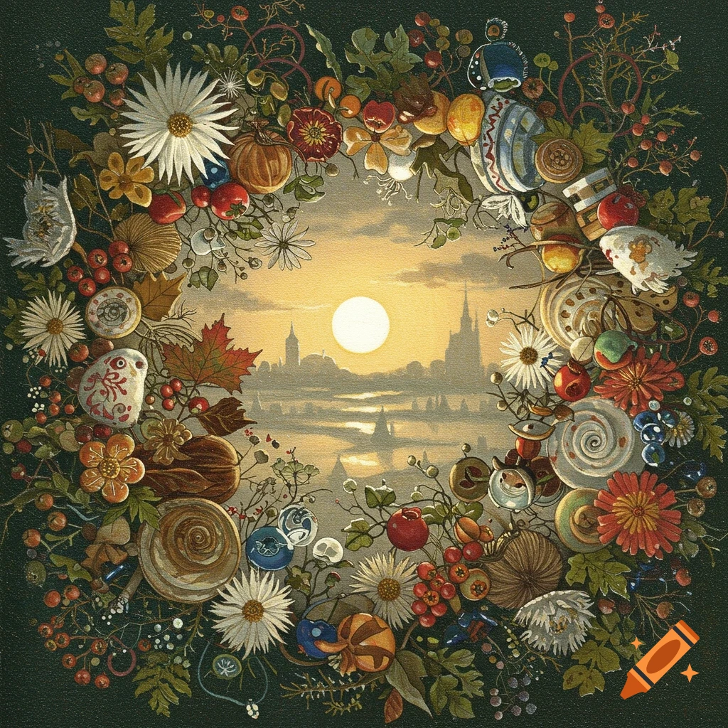 Decorative wreath of flowers, berries, leaves, and objects surrounding a sunset landscape view.