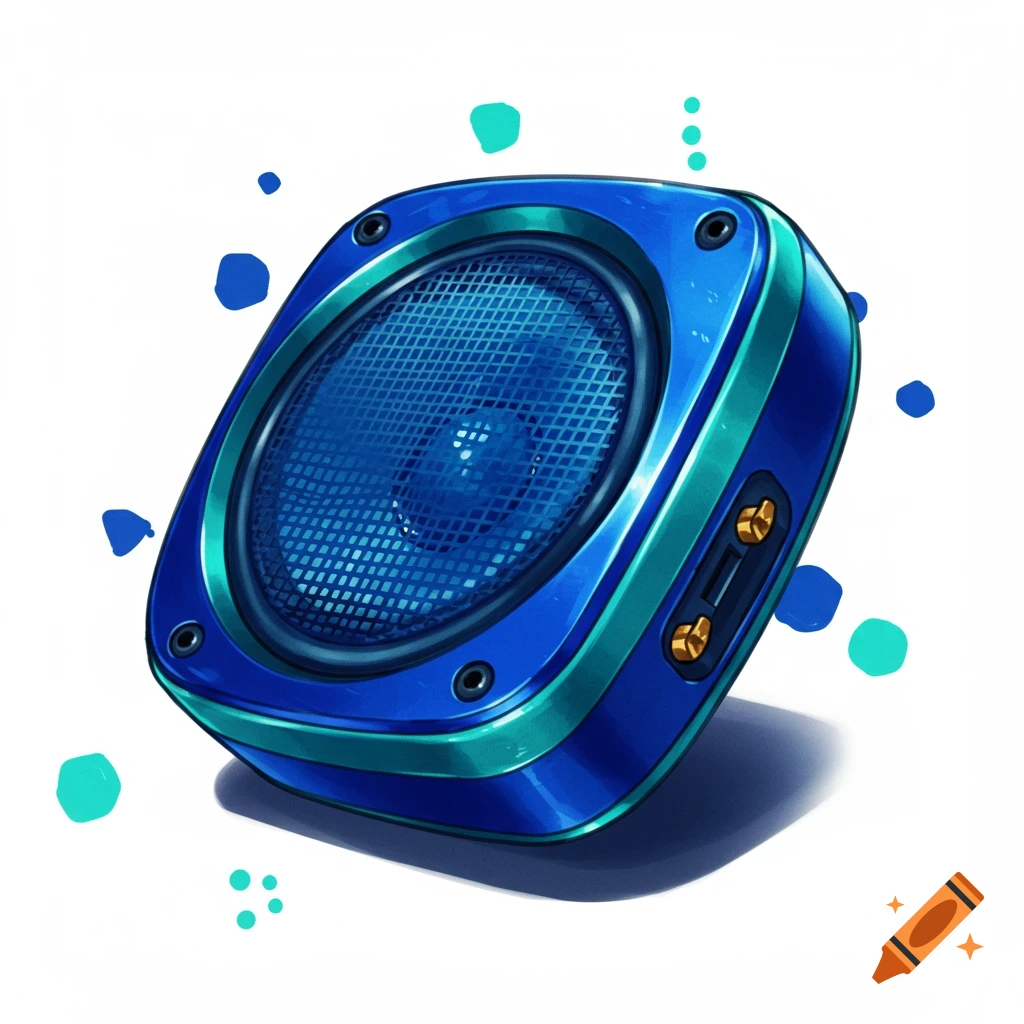 A blue keystone shaped speaker