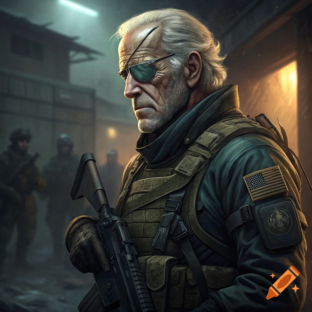 Man resembling Joe Biden as Old Snake from Metal Gear Solid, wearing military gear and eye patch, holding a rifle in a dark setting.