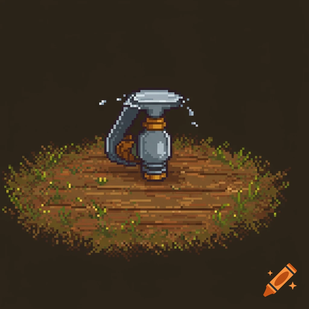 Pixel art water sprinkler on wooden planks watering grass.