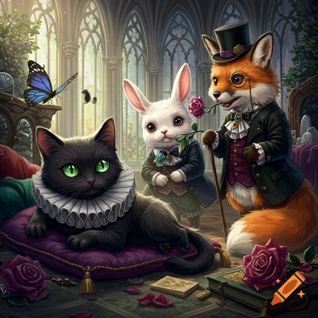 A gothic Victorian scene with a black cat in a ruff, a rabbit, and a fox in suits in an ornate room.