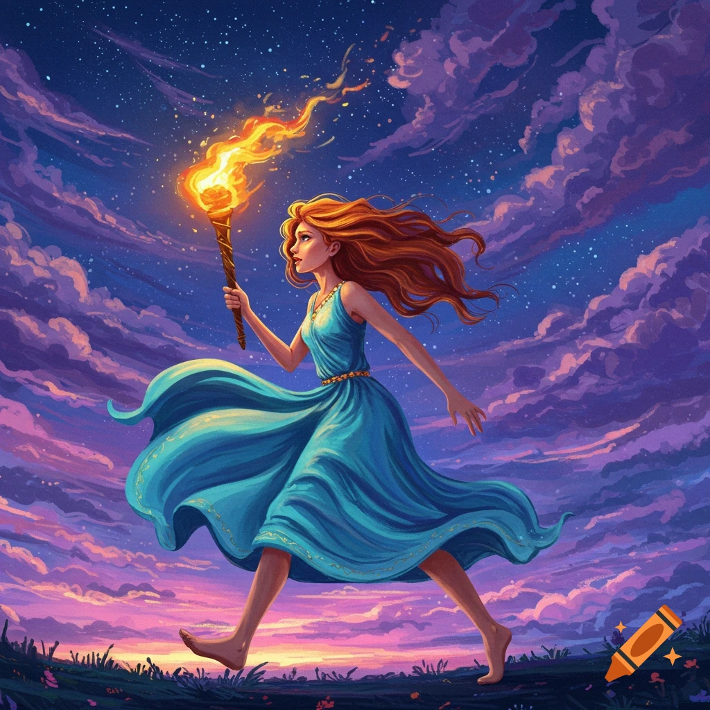 A woman in a blue dress runs with a torch under a starry, cloudy sky.