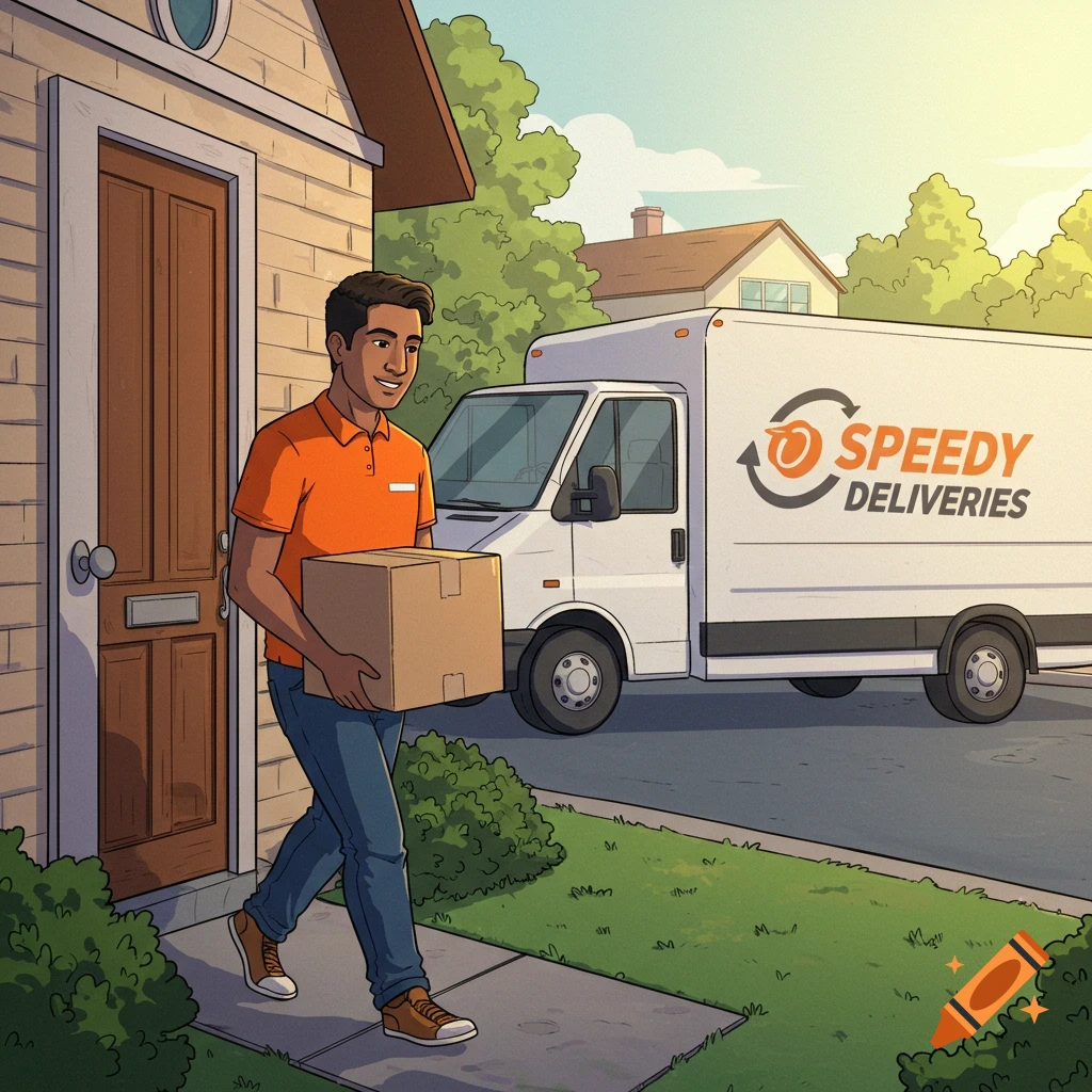 A digital illustration of a delivery driver with a box walking towards a house. A delivery van is parked behind him.