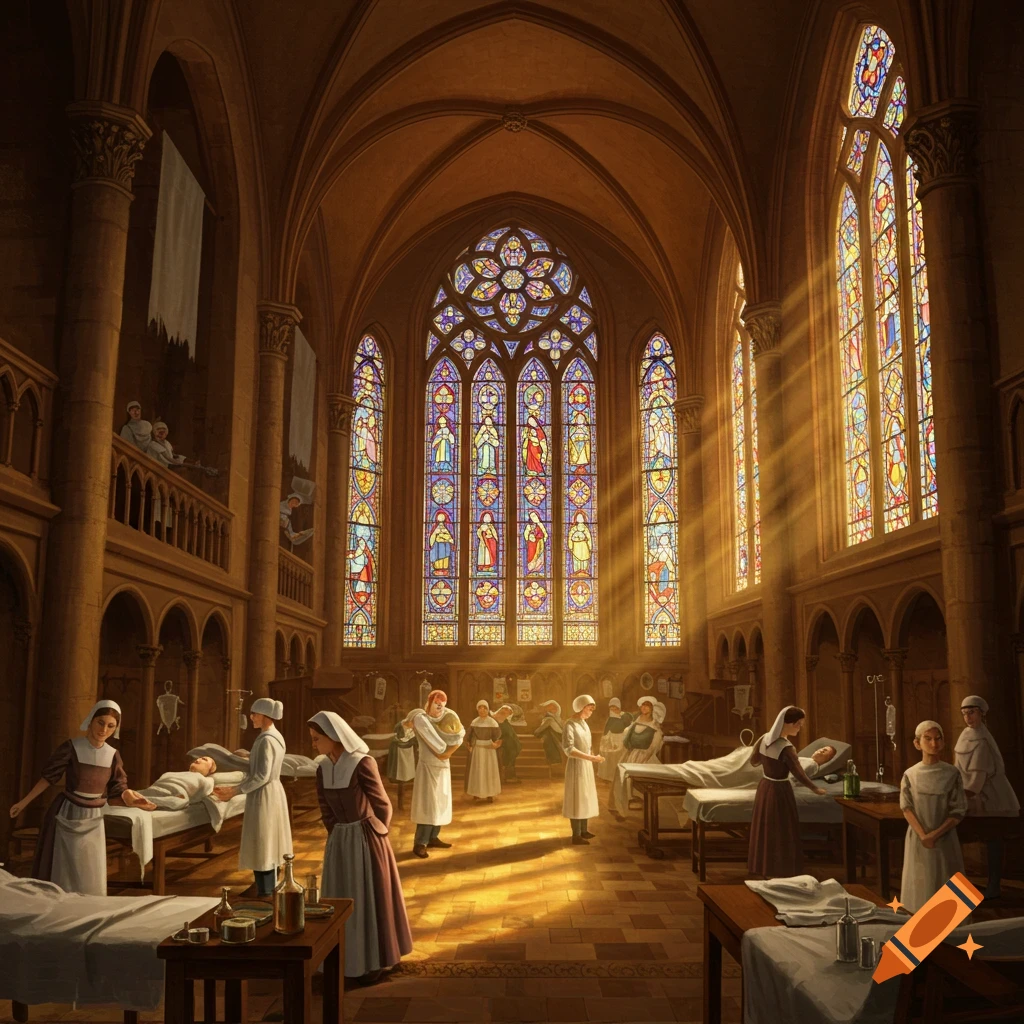 A large hall with stained glass windows serving as a hospital ward, with people attending to patients.