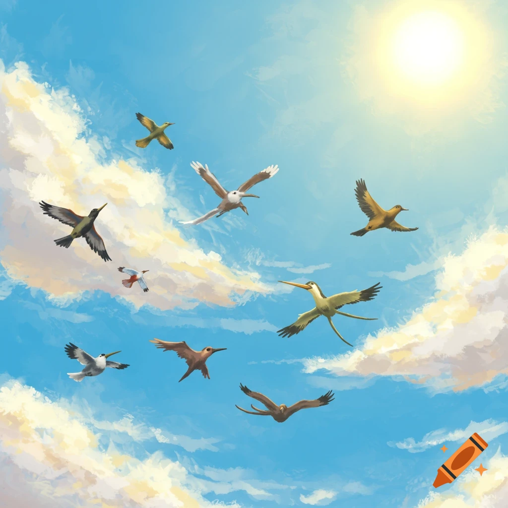 Various birds flying in a sunny blue sky with clouds.