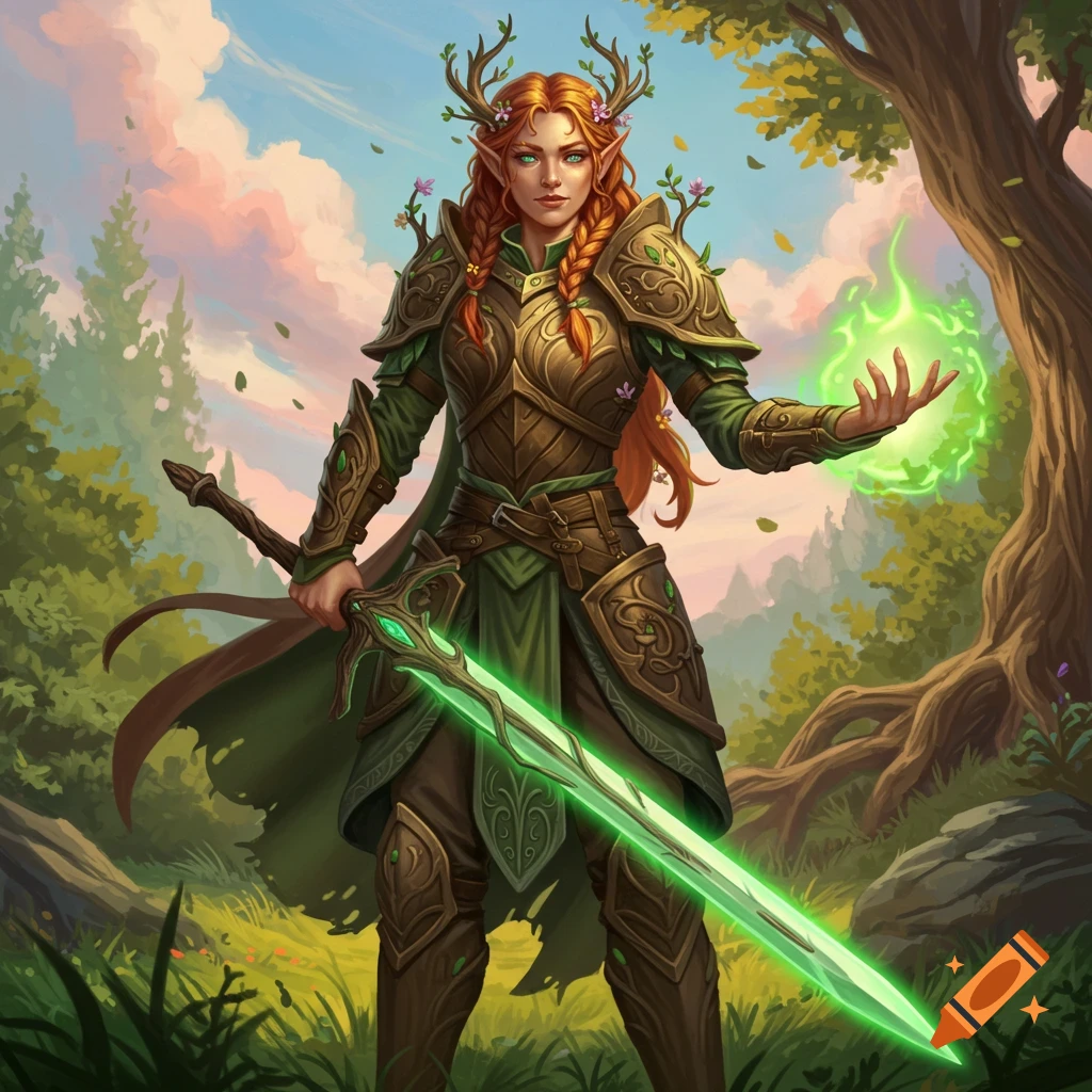 A female wood elf paladin in armor holds a glowing green sword and casts magic in a forest.