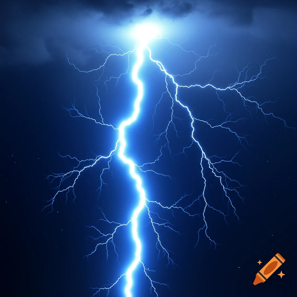 A bright blue lightning bolt illuminates a dark, cloudy sky.