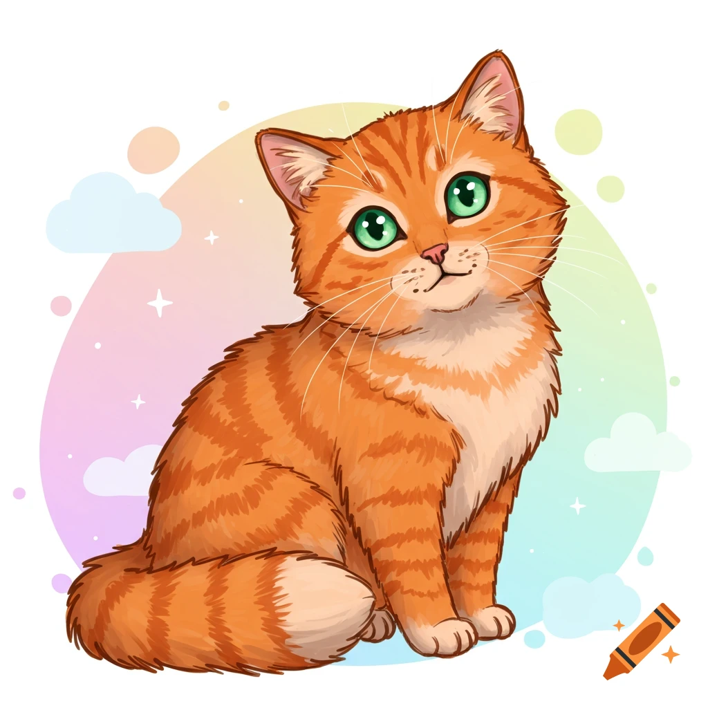 A drawing of an orange cat with green eyes sitting against a pastel background.