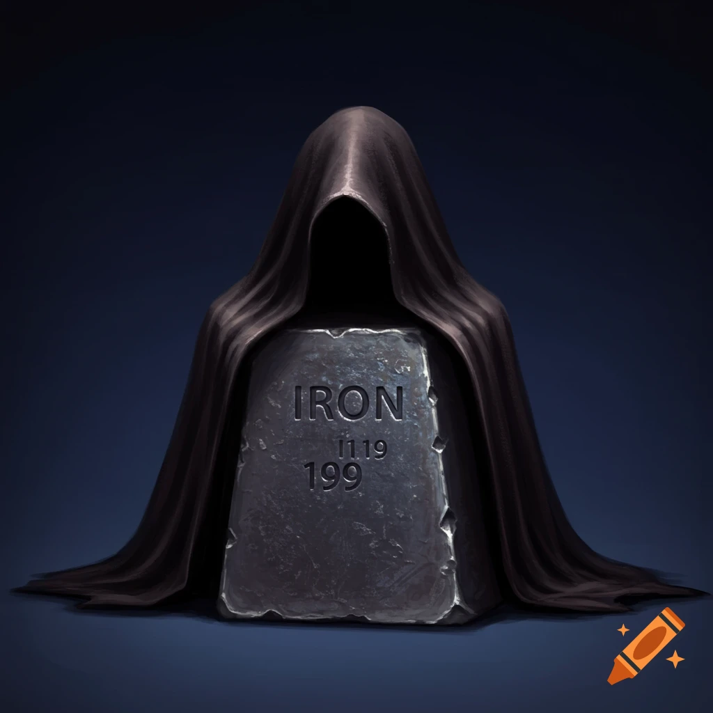 A hooded figure stands behind a metal ingot with 'IRON' and numbers inscribed on it.