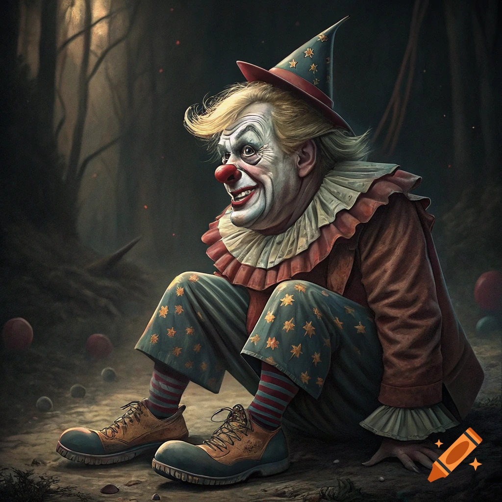 A creepy clown with a pointy hat sits on the ground in a dark, eerie setting.