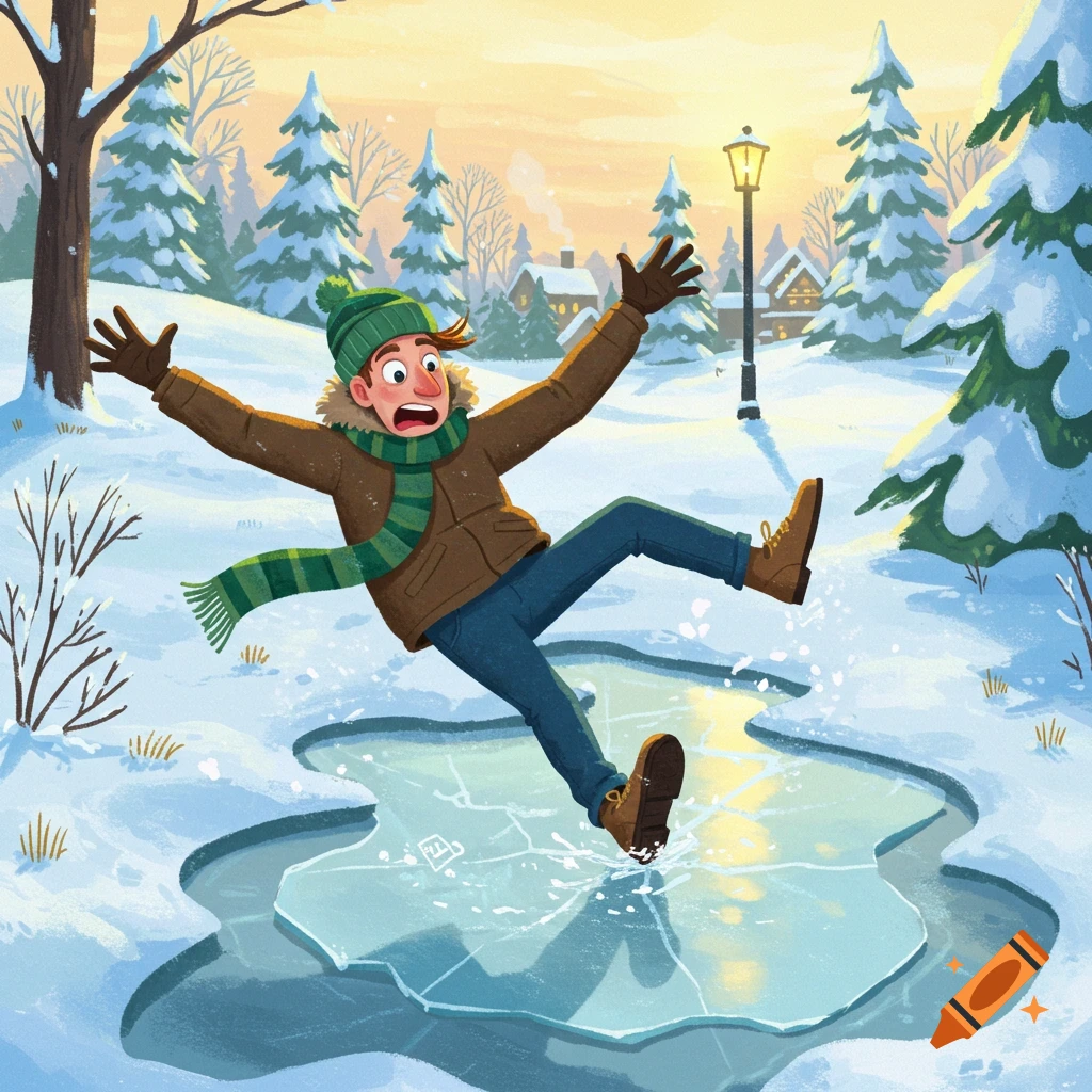 A man falls dramatically on a patch of ice in a snowy winter scene.