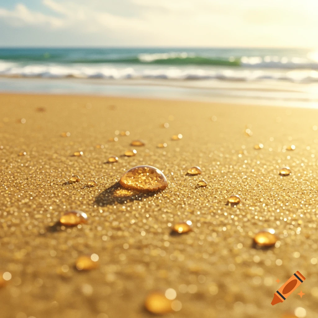 Close-up of water droplets on sand with waves and sun in background