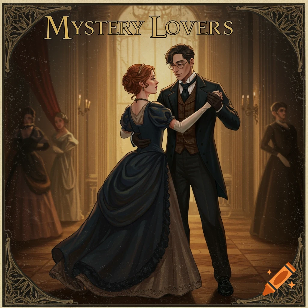 Victorian couple dancing in a ballroom under the title 'Mystery Lovers'