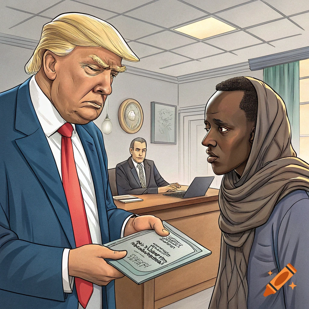 Stylized illustration of Donald Trump handing a document to a person in a headscarf in an office.
