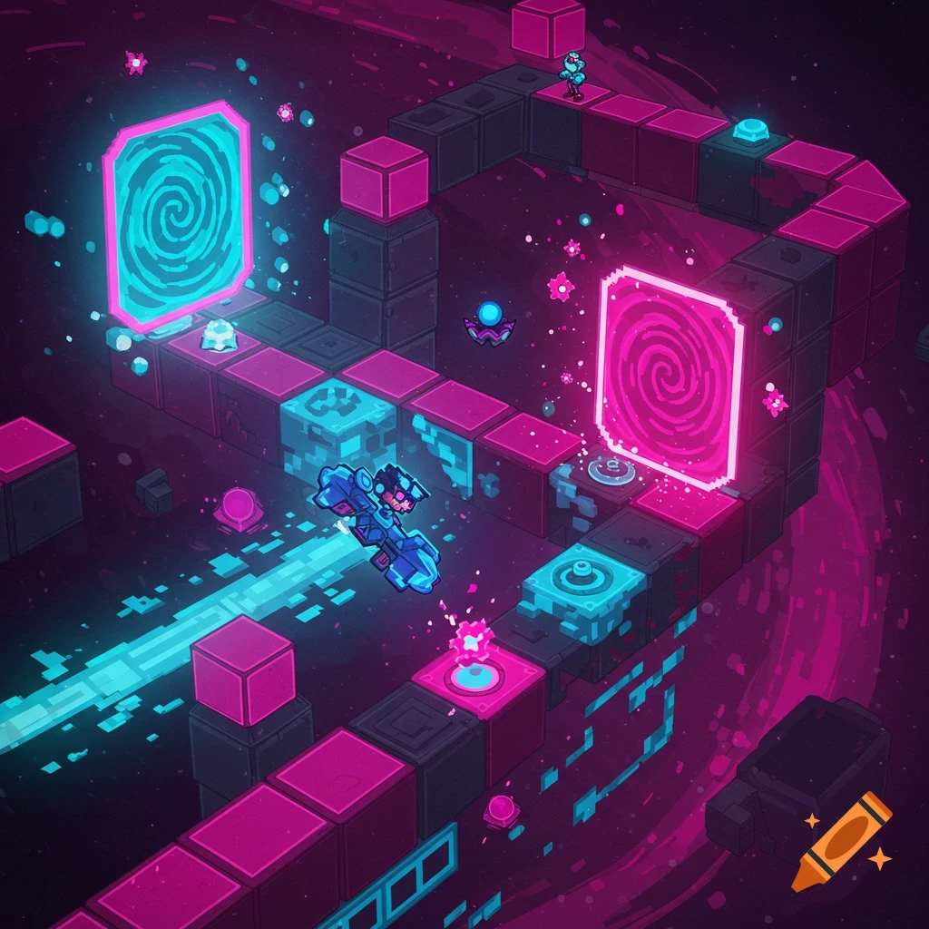 Pixel art style isometric view of a character jumping across platforms in a neon blue and pink space level with glowing portals.