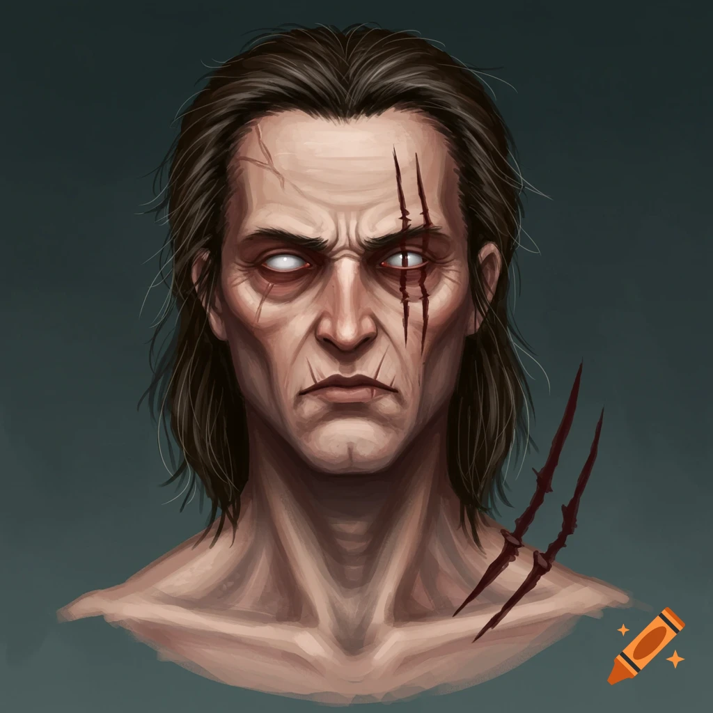 A man with face scars, a white eye, and neck wounds.