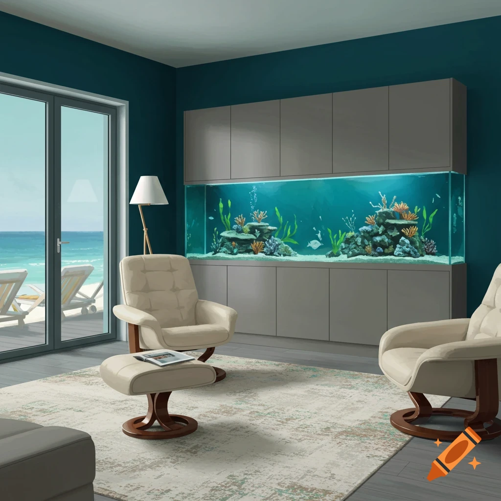 A modern coastal living room with a large aquarium and beach view