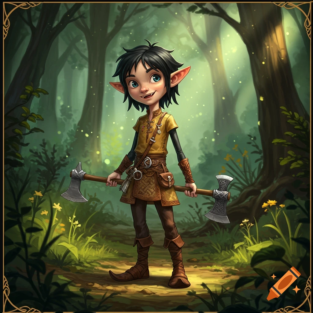 A cartoonish young gnome with large ears and black hair holds two axes in a sunlit forest path.