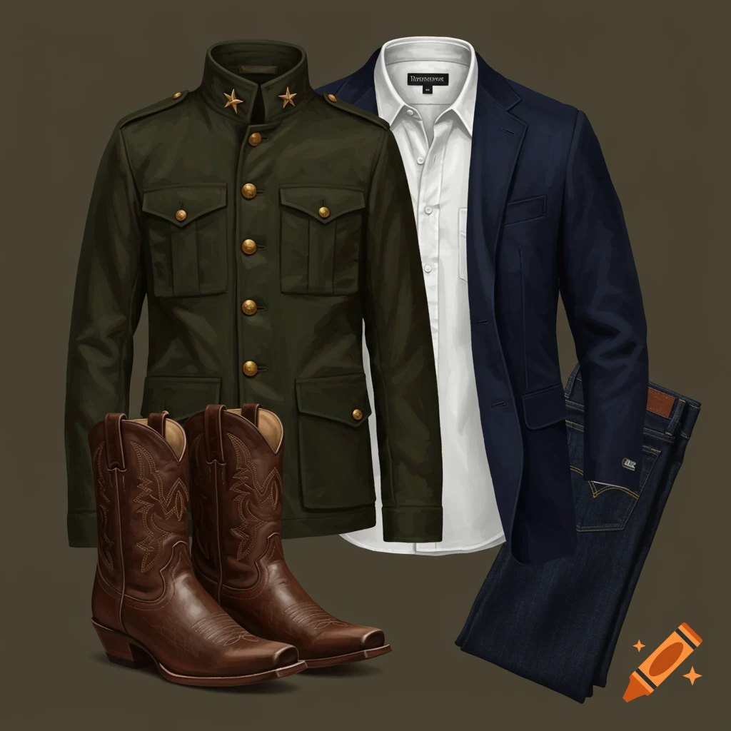 A men's outfit including a green military jacket, white shirt, blue blazer, jeans, and cowboy boots laid out.