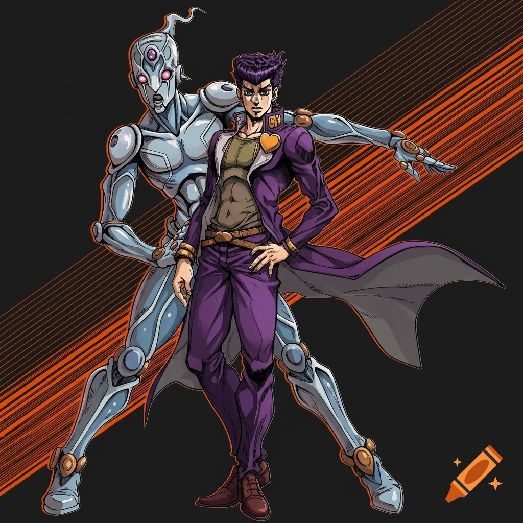 Anime style illustration of a purple-suited character with a gold heart pin posing with a silver robot-like stand.