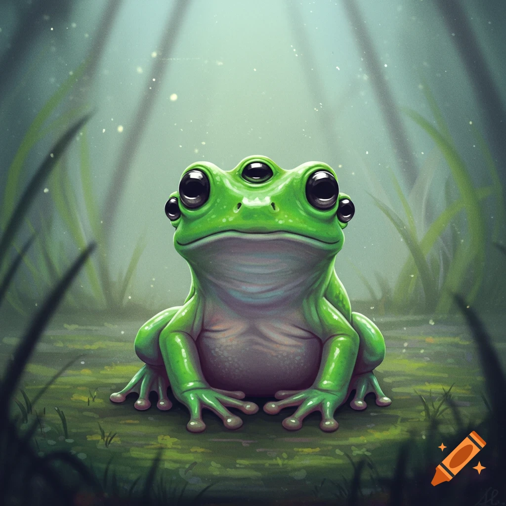A green frog with six eyes sitting in a wetland.