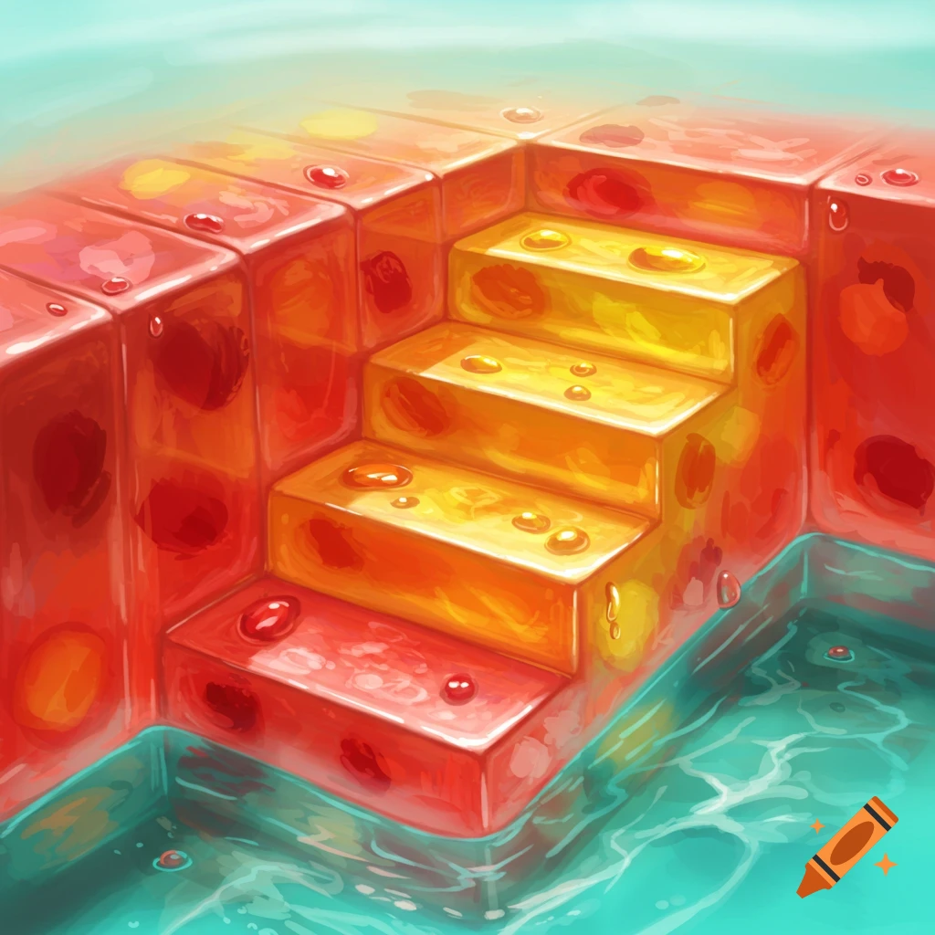 Glowing jello hot tub steps dipping into blue liquid.