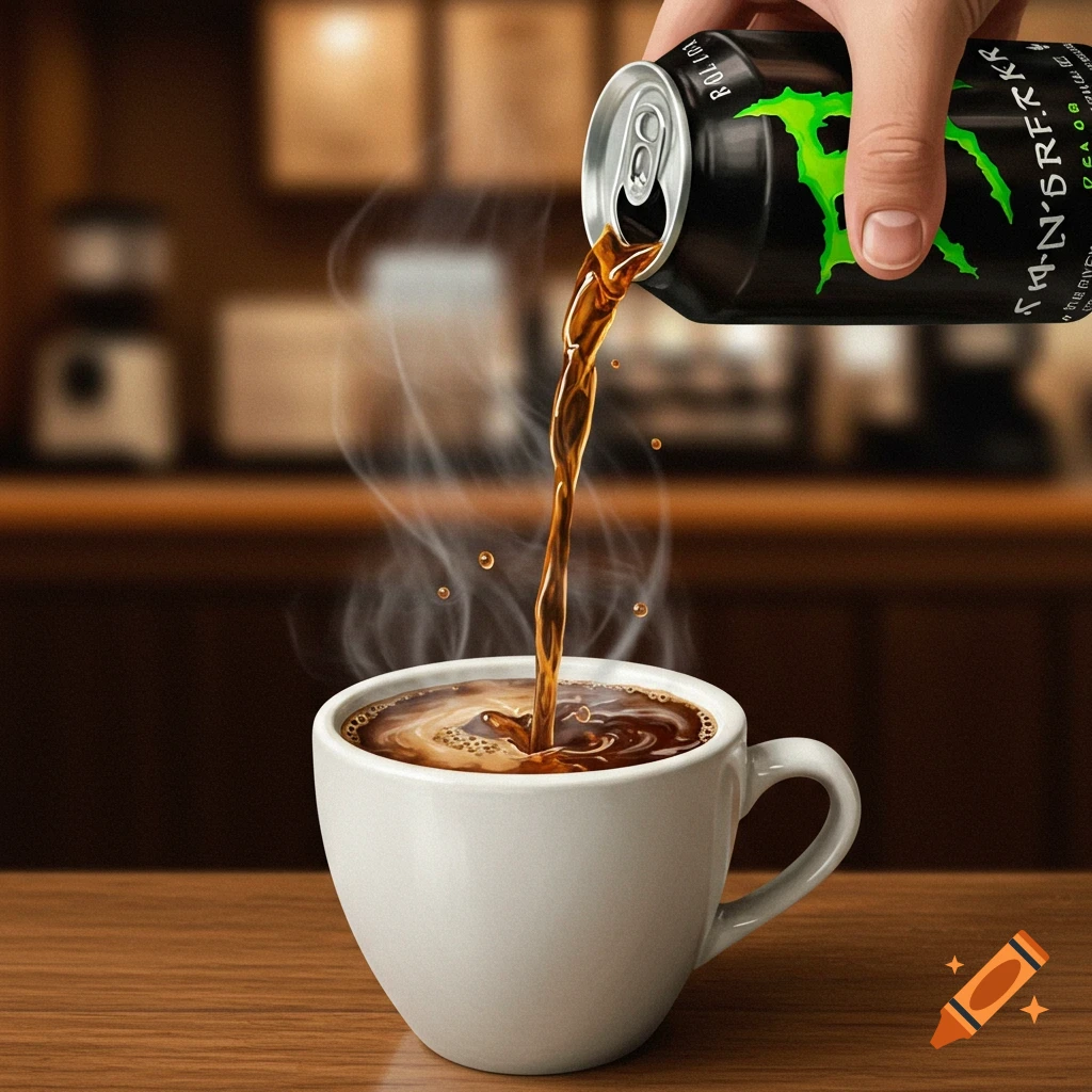 A hand pours a black and green can into a steaming white cup of coffee.