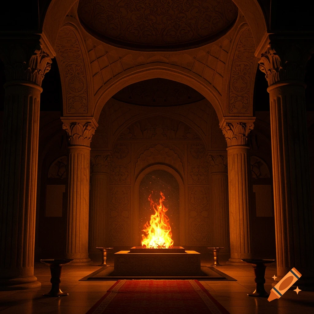 Interior of a temple with ornate pillars and a central fire pit, illuminated by firelight.