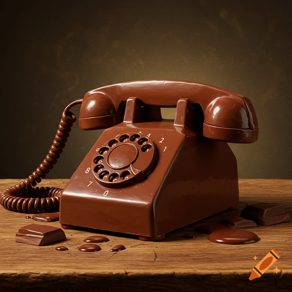 Photorealistic still life of a chocolate rotary telephone on a wooden table with melted chocolate drops and pieces