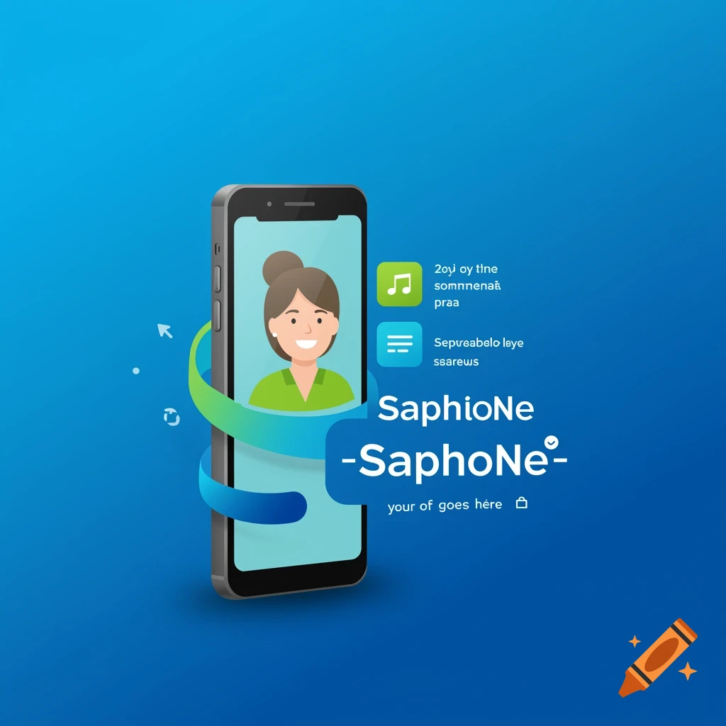 Stylized logo with smartphone, cartoon teacher, ribbon, and text 'SaphioNe -SaphoNe-'.