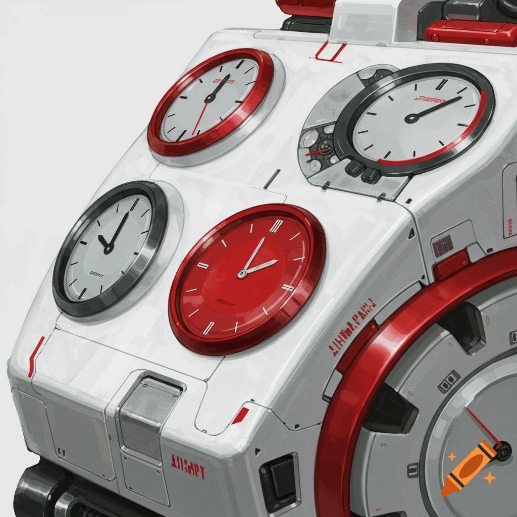 A white and red sci-fi mechanical device with multiple clocks.