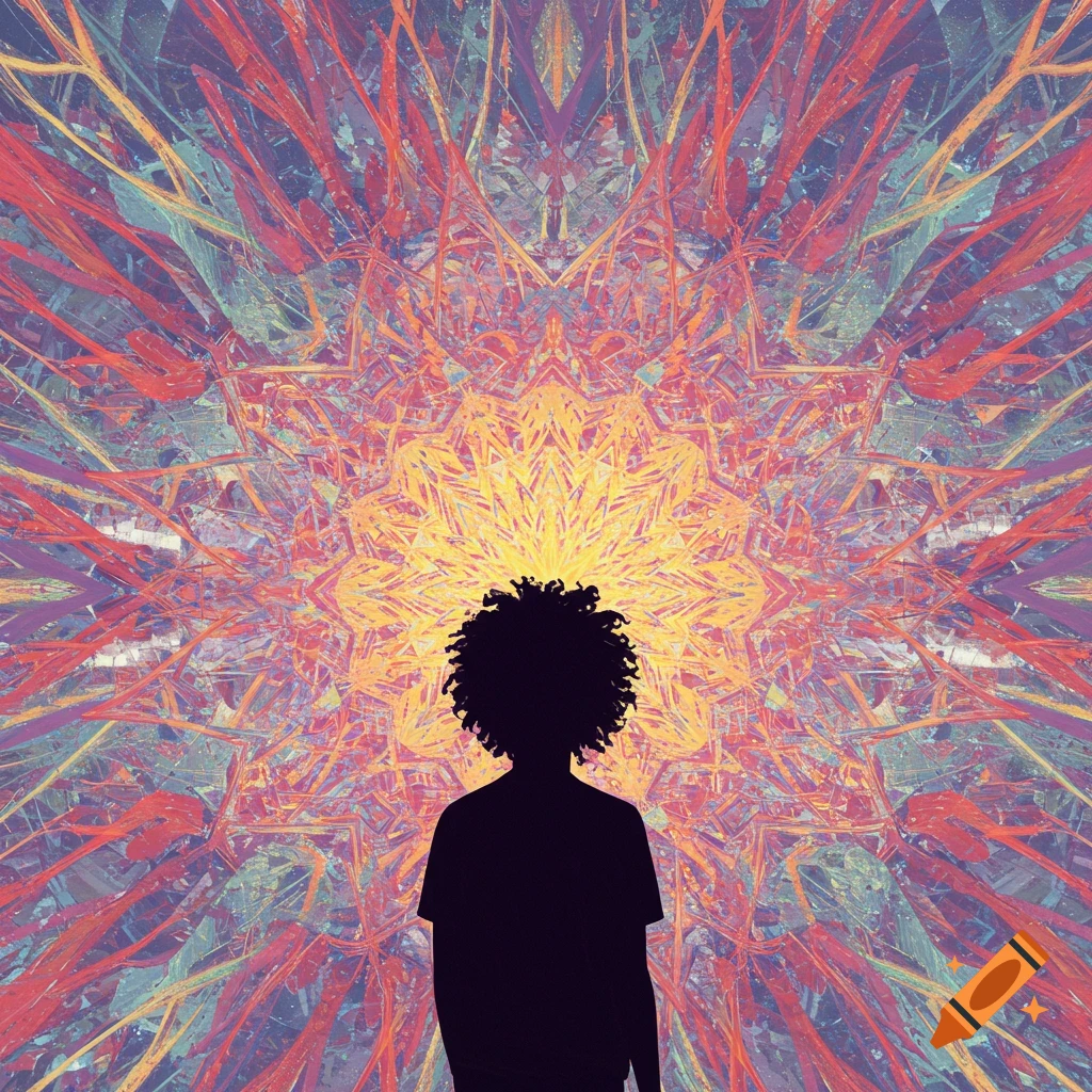 Silhouette of a person facing a bright, colorful, abstract mandala-like pattern.