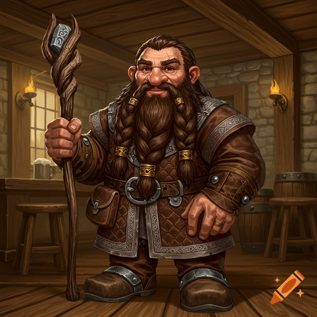 A male dwarf holding a staff in a tavern.