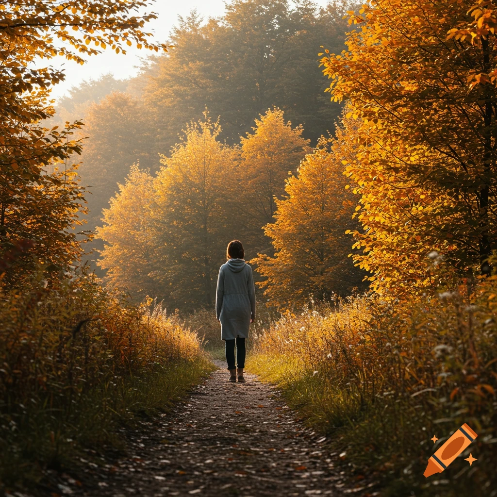 A person walks down a sunlit path through a forest in autumn.