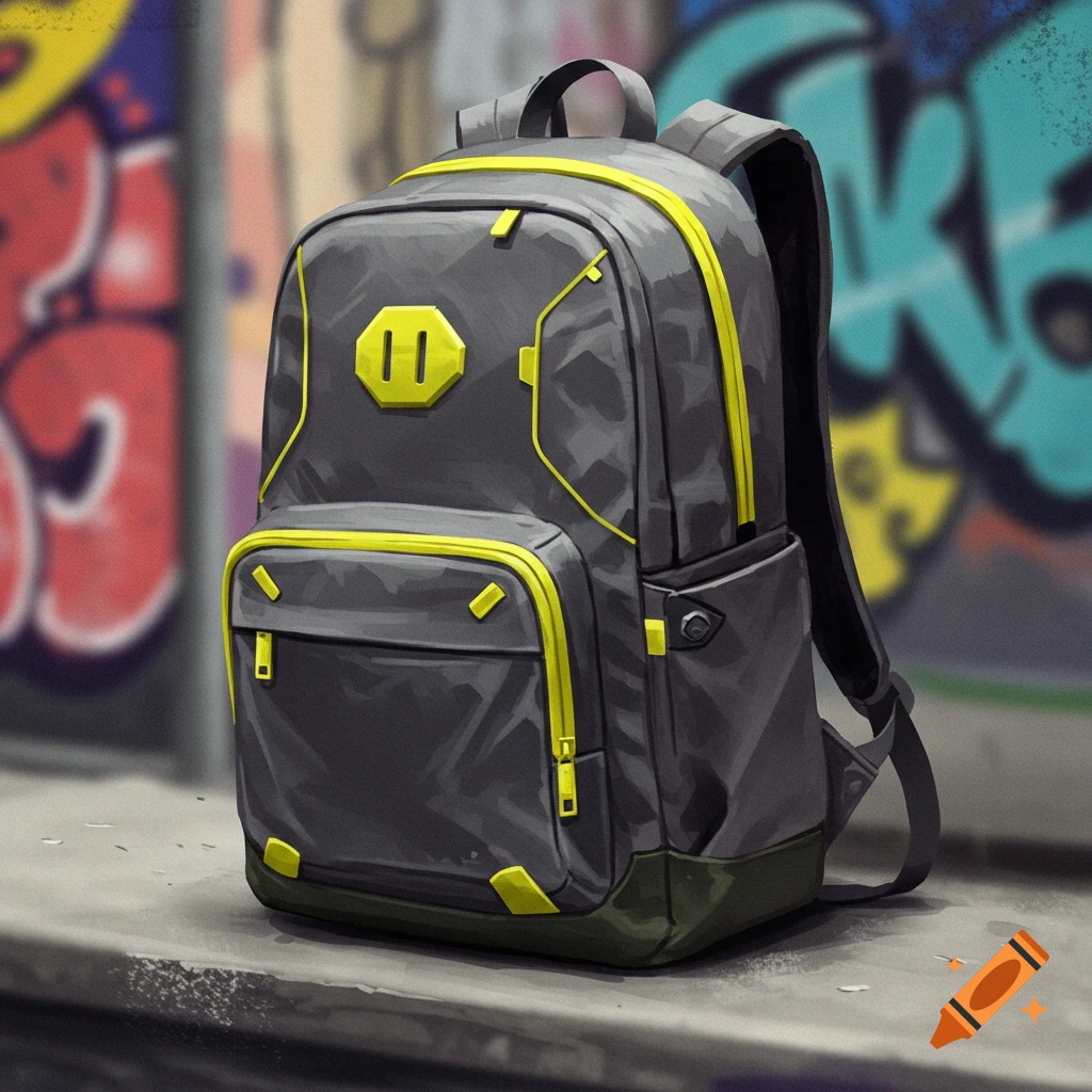 A gray backpack with yellow accents in front of a graffiti wall.
