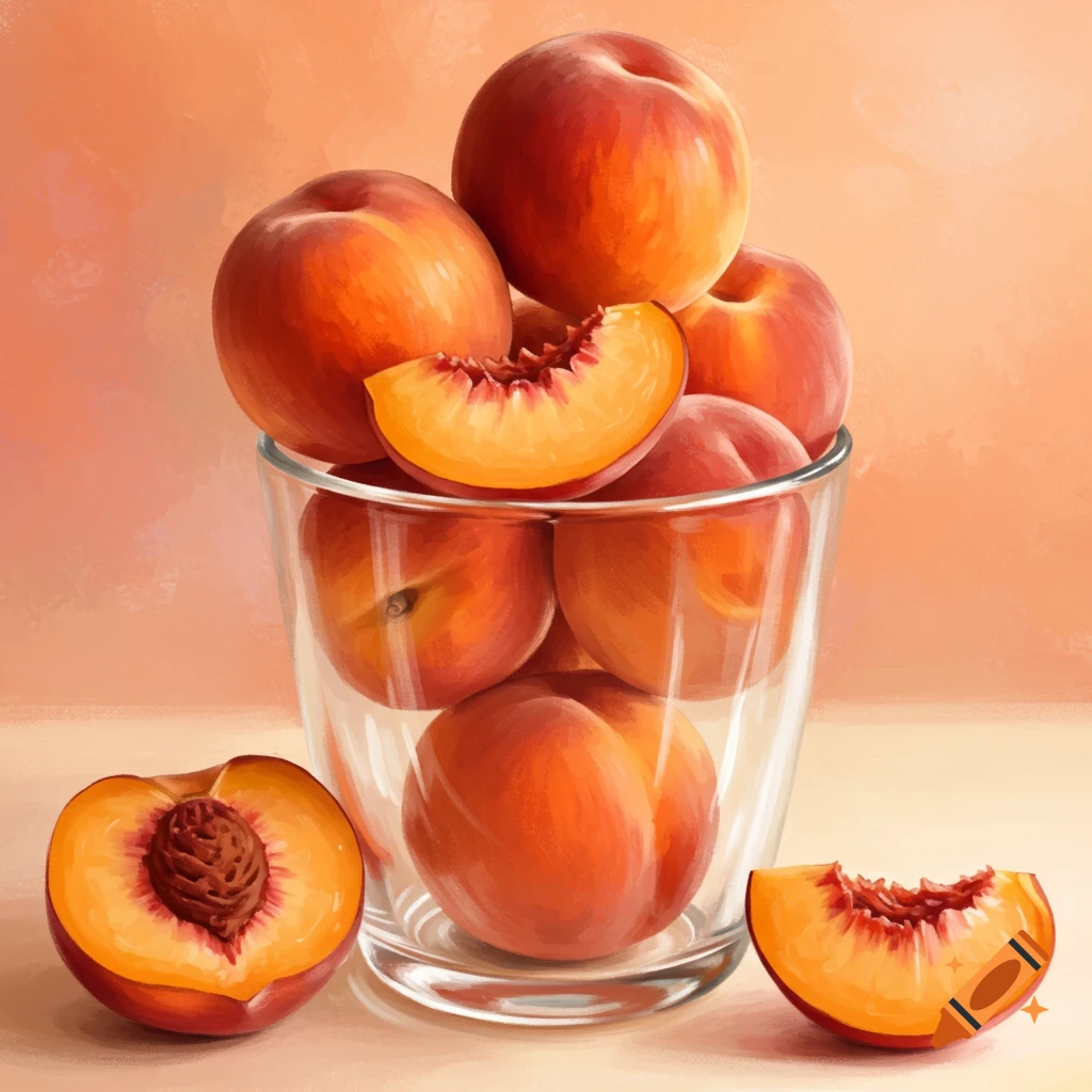 Peaches in and around a clear glass.